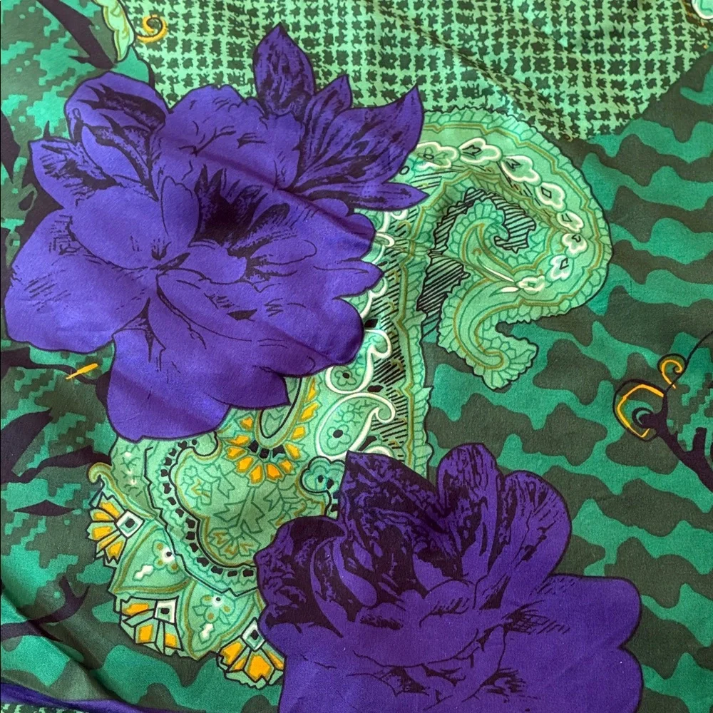 Christian Dior Green Purple and Gold 100% Silk Scarf with Floral Paisley Motif